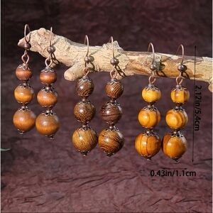 3 Pairs Boho Wooden Bead Drop Earrings Set